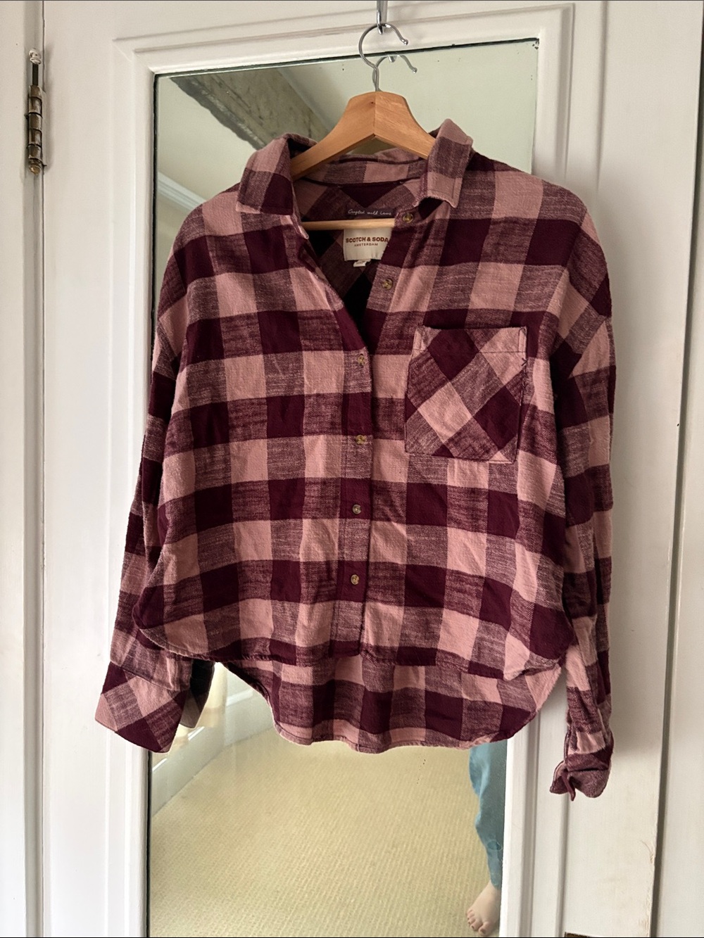 Scotch & Soda Burgundy Pink Check Cropped Flannel 100% Cotton